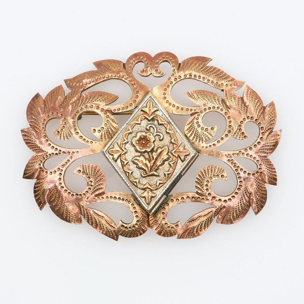 Antique Victorian Floral Locket Brooch Handmade Openwork Floral Design 1880s